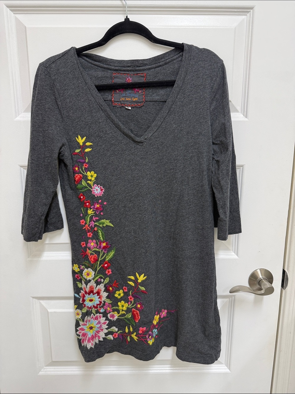JW Los Angeles embroidered floral v-neck tunic top in heather grey.